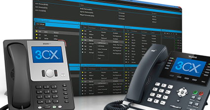 Business IP desk phones alongside a hosted PBX call management console