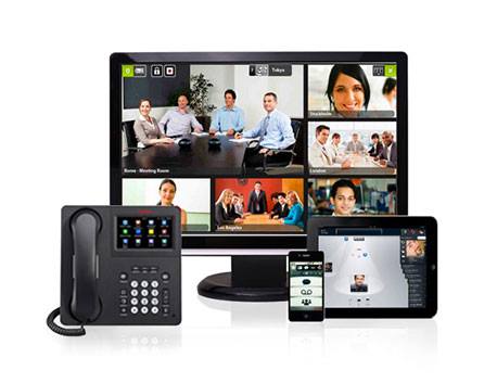 Business desk phone with video collaboration devices and a meeting display